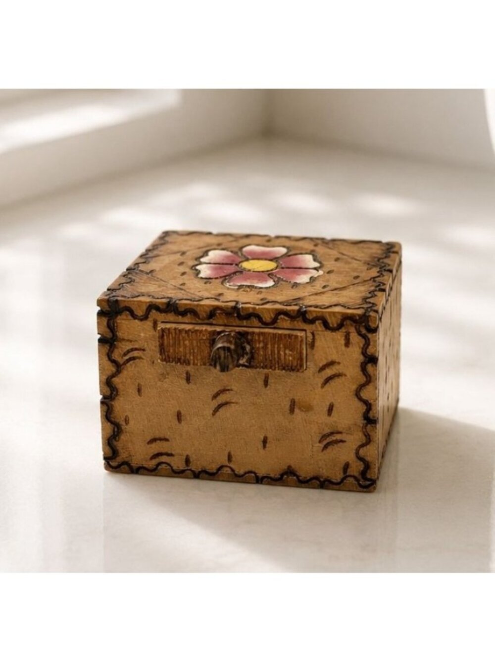 Hand-Carved Vintage Wooden Trinket Box With Floral Design & Drawer 3x2.5 Inches